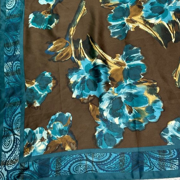 Adrienne Vittadini Scarf Womens Square 34" Brown Blue Floral Flowers Silk Vintag - Picture 8 of 11